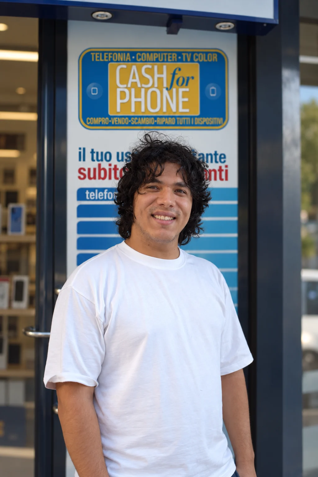 Andrea Sales davanti al negozio Cash For Phone