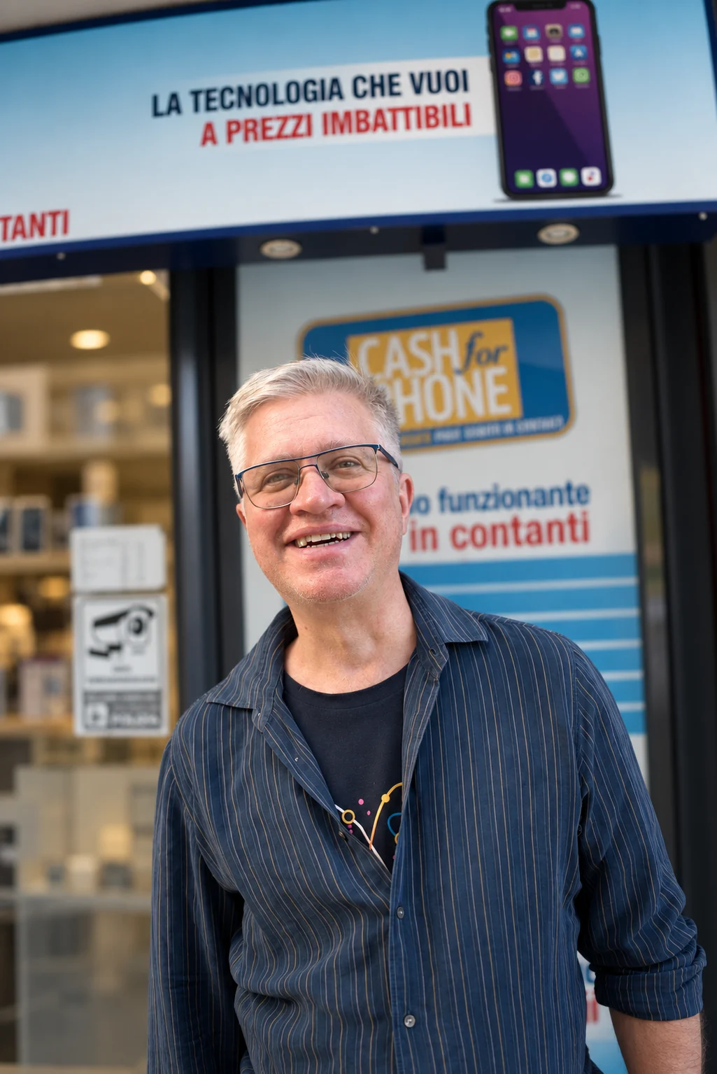 Carlo Rizzotti davanti al negozio Cash For Phone